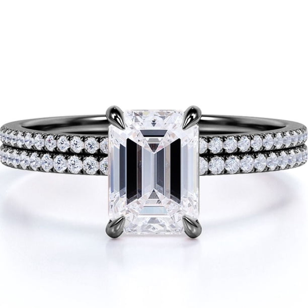 JeenMata Anillo Nupcial con Engaste de 4 Puntas, Cuerpo Pavé de Talla Esmeralda de 1,5 Quilates, Engastado en Oro Negro de 18 K sobre Plata