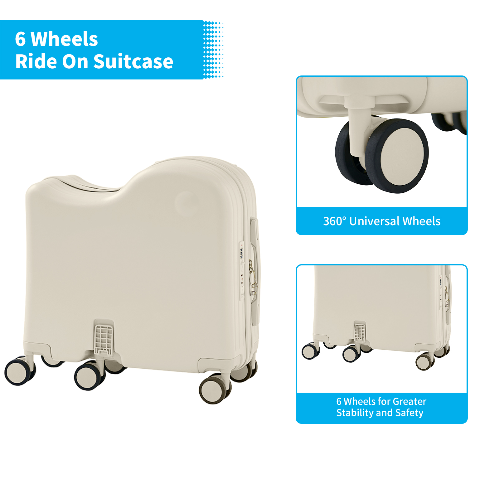 TABU Kids Ride on Luggage with Handbag, Hardshell Suitcase with 6-Spinner Wheels,Hidden Cup Holder,Foldable Pedal,White
