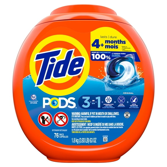 Tide PODS laundry detergent pacs, 3-in-1 Stain Remover, Odor Fighter, Color Protector, HE compatible, Original Scent, 76CT