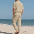 thumbnail image 5 of mihongmao Summer Sweat Suits for Mens 2 Piece Plus Size Men's Solid Color Flax Solid Color Lapel Pocket Button Short Sleeve Shirt Casual Elastic Waist Drawstring Pocket Trousers Suit Khaki M, 5 of 8