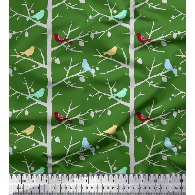 Soimoi Green Poly Georgette Fabric Artistic Bird & Tree Printed Fabric 1 Yard 52 Inch Wide
