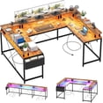thumbnail image 3 of Ourlova Brown Versatile U-Shaped Computer Desk with Power Outlets & RGB LED Lights – 78-Inch Reversible L-Shaped Office Desk with Monitor Stand & Ample Storage for Gaming and Work, 3 of 7