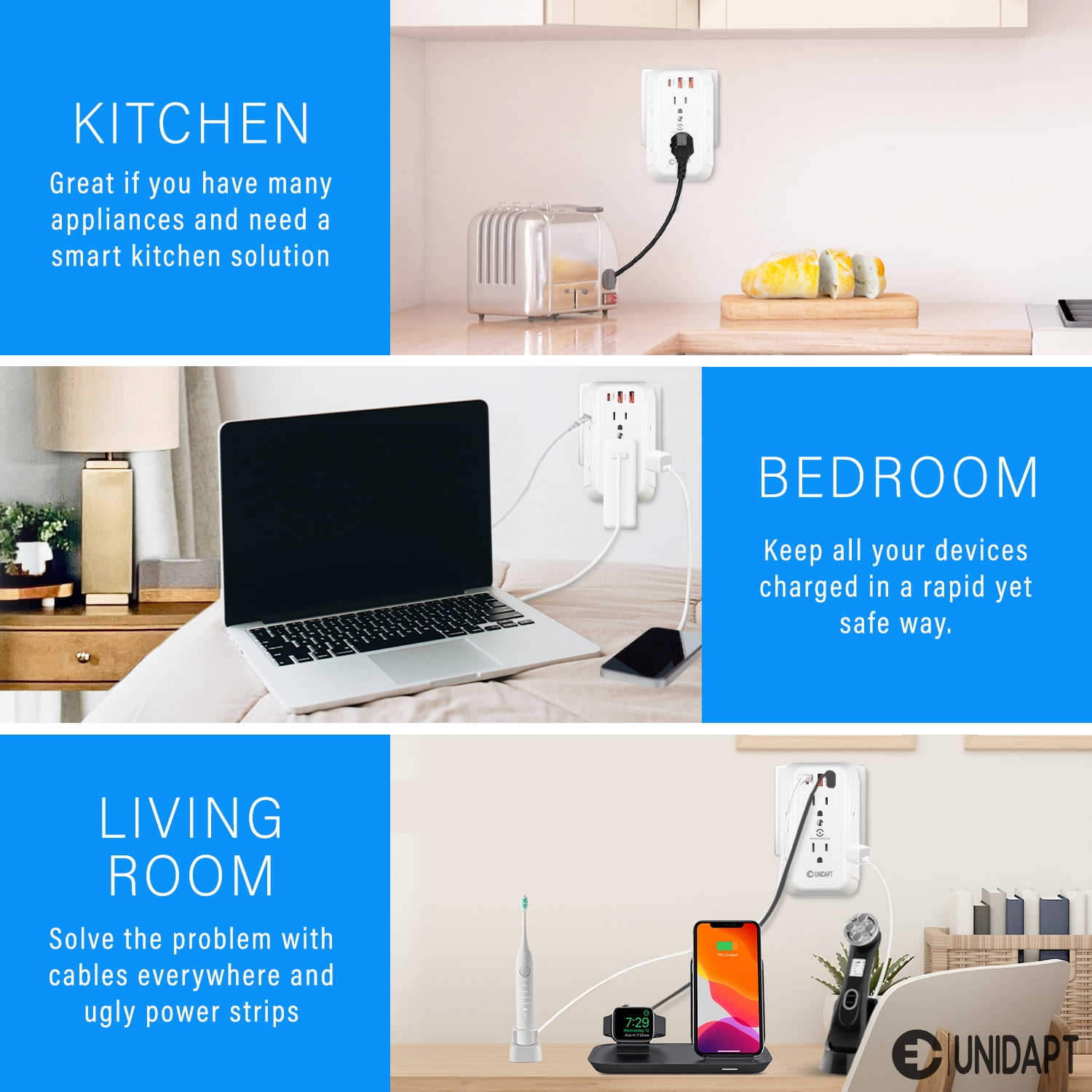 9-in-1 Outlet Extender with USB, 6 AC Ports, PD 20W USB-C – Fast Charges iPhone 3x Faster – 1800J Surge Protector – Compact 3-Sided Power Hub for Kitchen, Office, Bedroom & Travel (3.6" x 5.5")