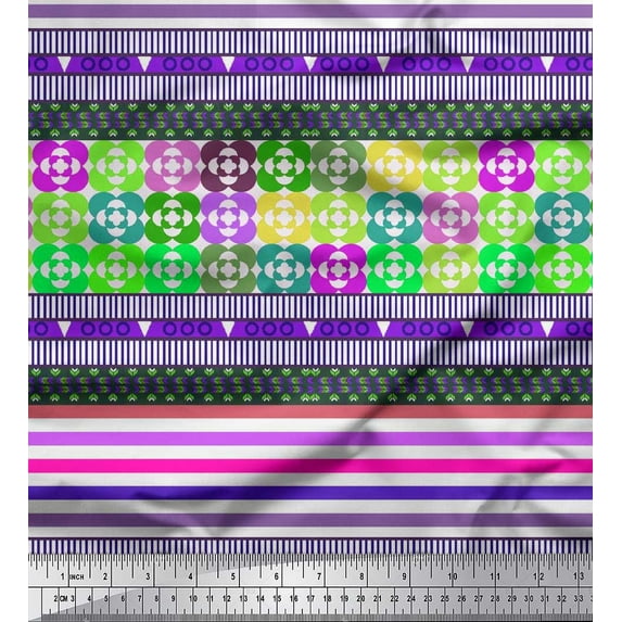 Soimoi Japan Crepe Satin Fabric Stripe & Floral Ethnic Decor Fabric Printed Yard 42 Inch Wide
