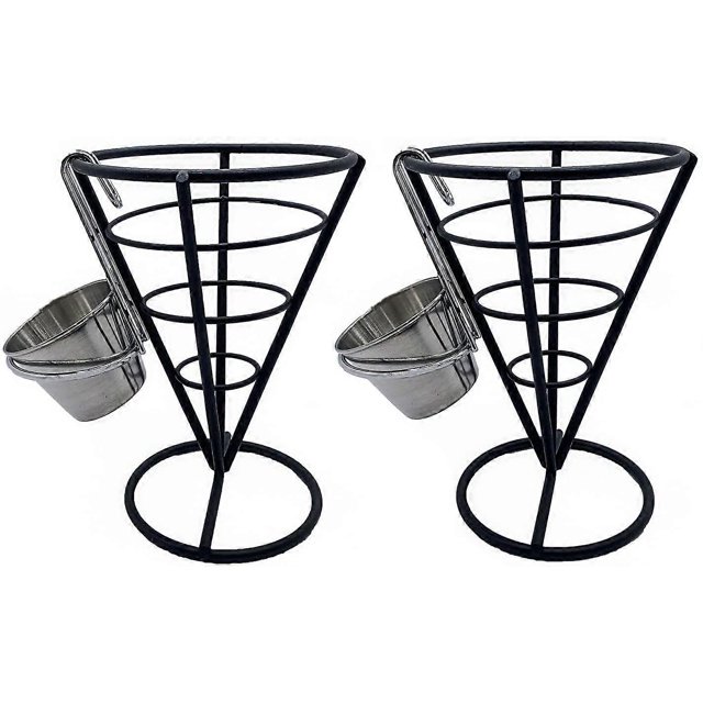 KAIYANG 2 piezas de soporte para papas fritas, cono de metal, soporte para papas fritas con cucharones para salsa, soporte para bocadillos, color plateado 2