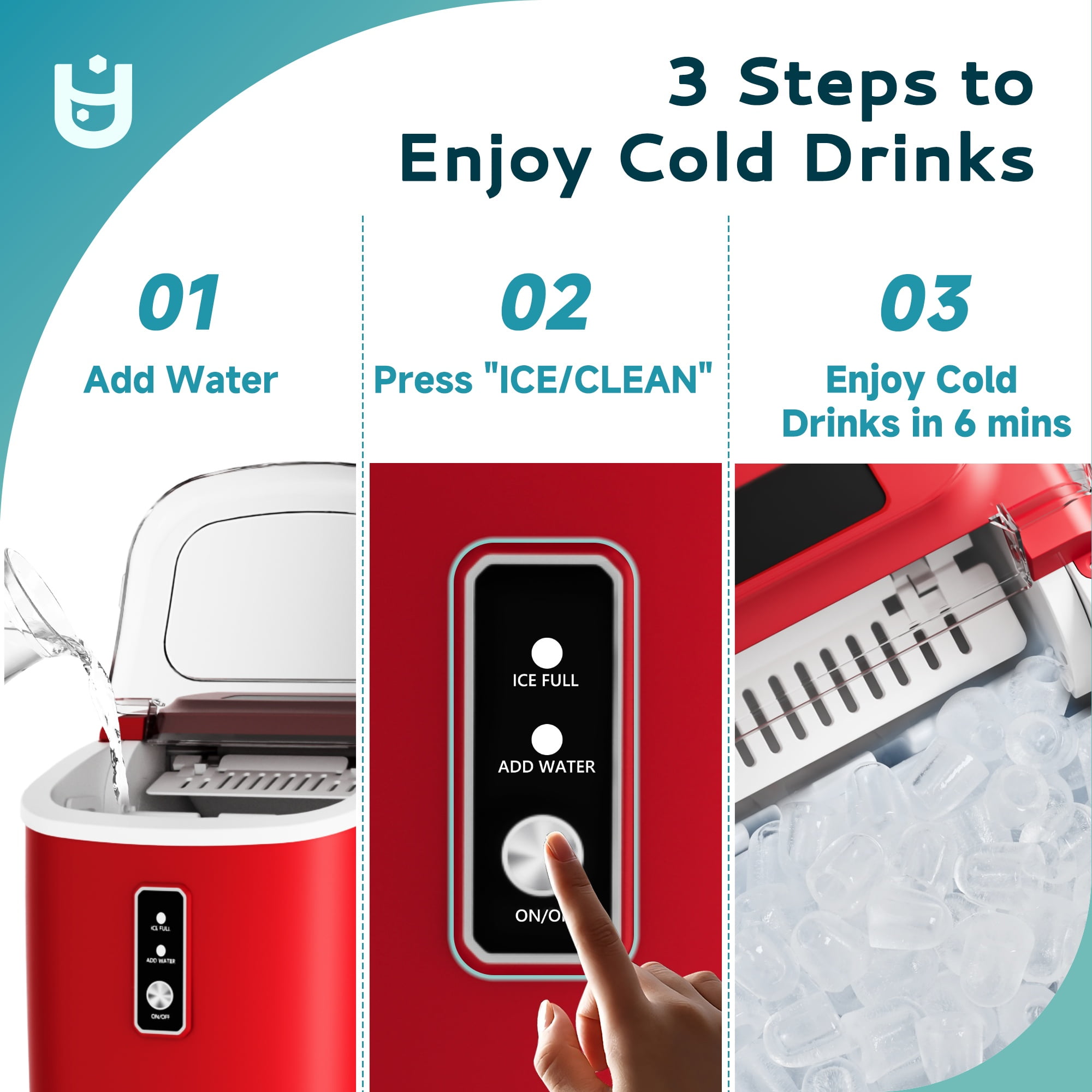 EUHOMY Countertop Ice Maker 26 lbs/Day Portable Self-Cleaning, 9 Bullet Ice in 6 Min, Red