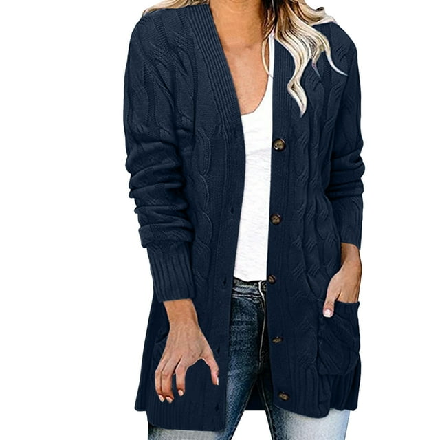 Manteau d'Hiver Automne pour Femmes Cardigan Tricoté Mode Ouvert devant Manteau Mi-Long Col Rond Tricoté Trench-Coat Chaud Uni