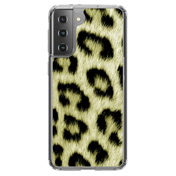 DistinctInk Clear Shockproof Hybrid Case for Galaxy S21  PLUS 5G (6.7" Screen) - TPU Bumper, Acrylic Back, Tempered Glass Screen Protector - Yellow Black Leopard Fur Skin Print