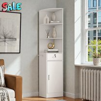 Tcbosik Modern White Corner Salon Cabinet with 3-Tier Open Storage, 1 Drawer & 1 Door, Hair Dryer Holder, 75.2"H Space-Saving Corner Unit for Spa, Bathroom, Bedroom