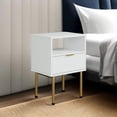 thumbnail image 3 of Nightstand, mid-century modern nightstand with storage drawers and open wooden shelves, white, 3 of 5