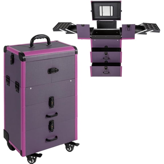 Rolling Makeup Train Case Upgrade Lockable/Portable Cosmetic Organizer Trolley Large Make up case with Wheels&Drawers, Makeup Trolley Case for Makeup-Artists, Hairdressers  (Purple)