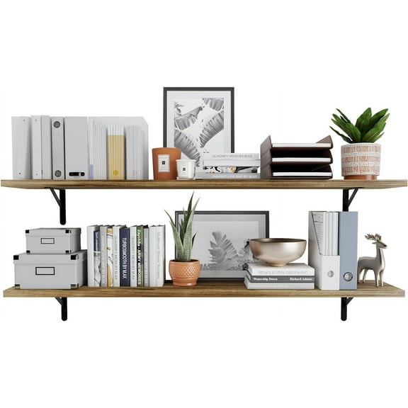 Wallniture Forme 60" x 10" Floating Shelves for Wall Decor, Rustic Wall Bookshelf, Shelves for Living Room, Office, Kitchen, Pantry Room, Floating Shelf, Set of 2, Burnt Finish, Wood