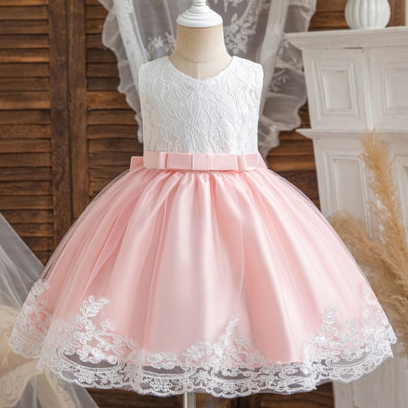 Girls' Dresses Sleeveless Bowknot Solid Print Crew Neck Dress for Performance Party Gown Girls Spring Dress Pink 4 Years-5 Years