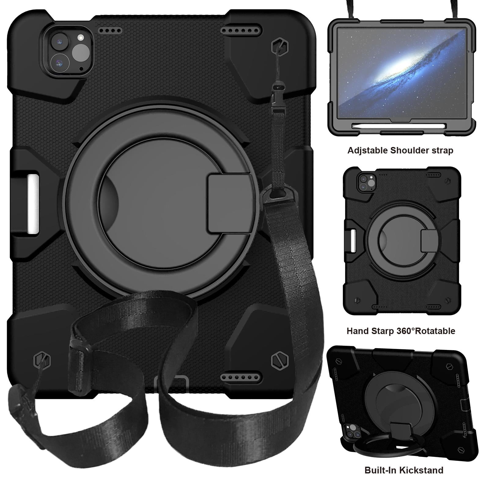 ELEHOLD Military Grade Shockproof Case For Apple iPad Air 11 (2024), Heavy Duty Protection Ring Stand Cover, Adjustable Angel, Detachable Shoulder Strap, Pencil Holder, Blacck