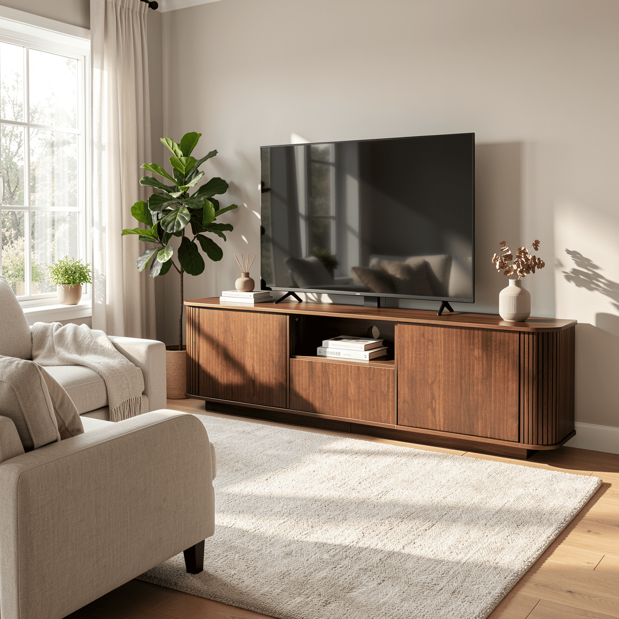 Homy Casa 70.9" TV Stand, Fluted Media Console with Storage and Cable Hole, Brown