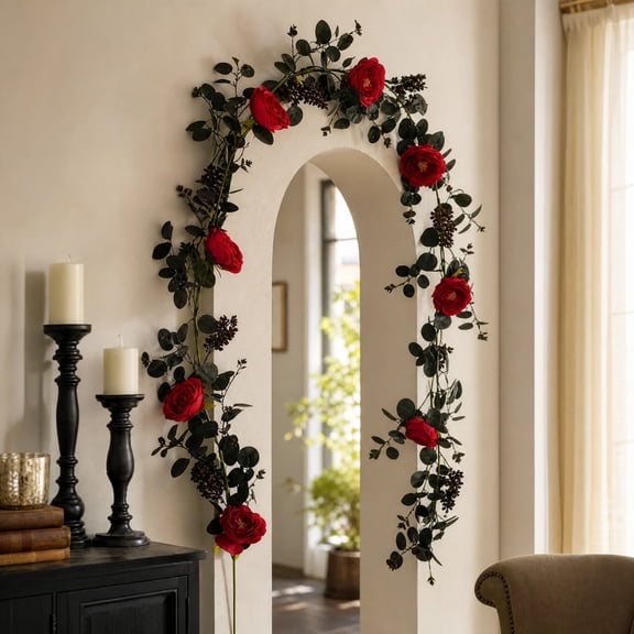 Halloween Artificial Garland, 70" Fall Black Red Rose Vine with Dark Berry Foliage,Gothic Faux Flower Hanging Decor for Arch,Mantel,Wall,Door Frame,Party Decoration