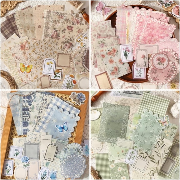 CCOCC 400 Pcs Vintage Scrapbook Paper and Stickers Assorted Set,4 Packs Floral Decorative Scrapbook Kit for Junk Journals,Collage,Card Making,Planner Album Embellishment Diy Supplies