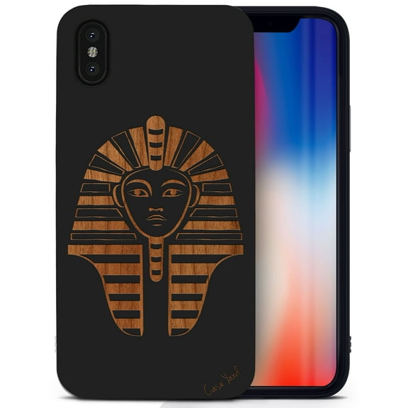 Case Yard Wooden Case for iPhone-X Soft TPU Silicone cover Slim Fit Shockproof Wood Protective Phone Cover for Girls Boys Men and Women Supports Wireless Charging Pharaoh Head Design