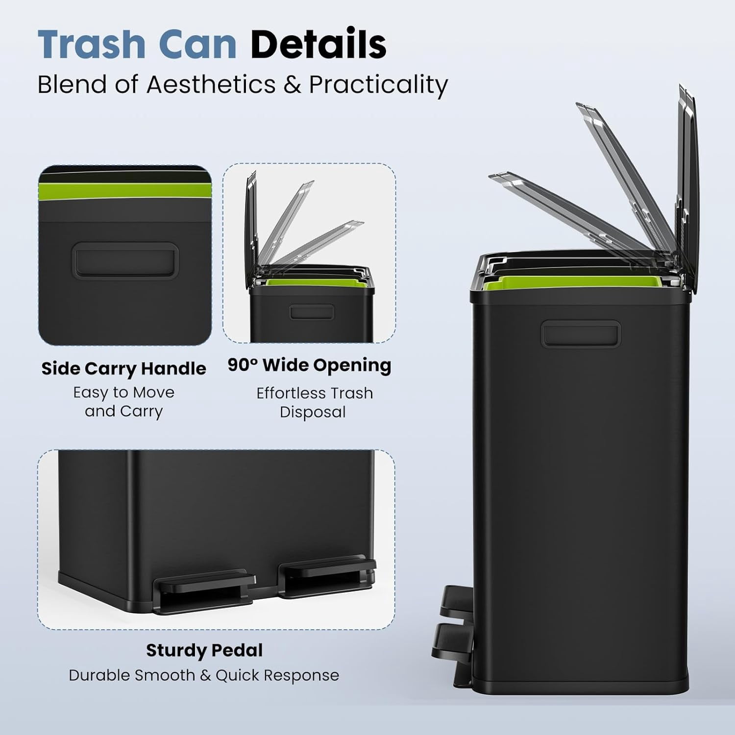 Dual Trash and Recycling Bins for Kitchen, 2x8-Gallon Dual Trash Can with Lid, Stainless Steel Garbage Bin with 2 Removable Inner Buckets, for Kitchen, Home, Glossy Black