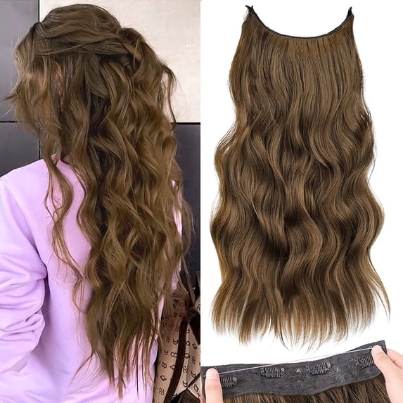 Invisible Wire Hair Extensions with Transparent Wire Long Wavy Synthetic Hairpiece 16 Inch Chestnut Brown with 4 Secure Clips Adjustable Secret Wire Headband for Women