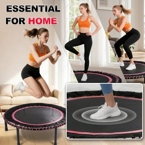 48 Inch Springless Mini Fitness Trampoline for Adults & Kids, 450lbs Capacity Quiet Rebounder with Bungee Ropes, Low Impact Indoor/Outdoor Exercise Equipment, Cardio Jumping Trainer for Home Gym Pink