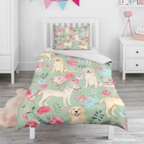 Labrador Dog and Flower Floral Duvet Cover and Pillowcase Set for Single Bedding, Bedroom Accessories for Kids Teens