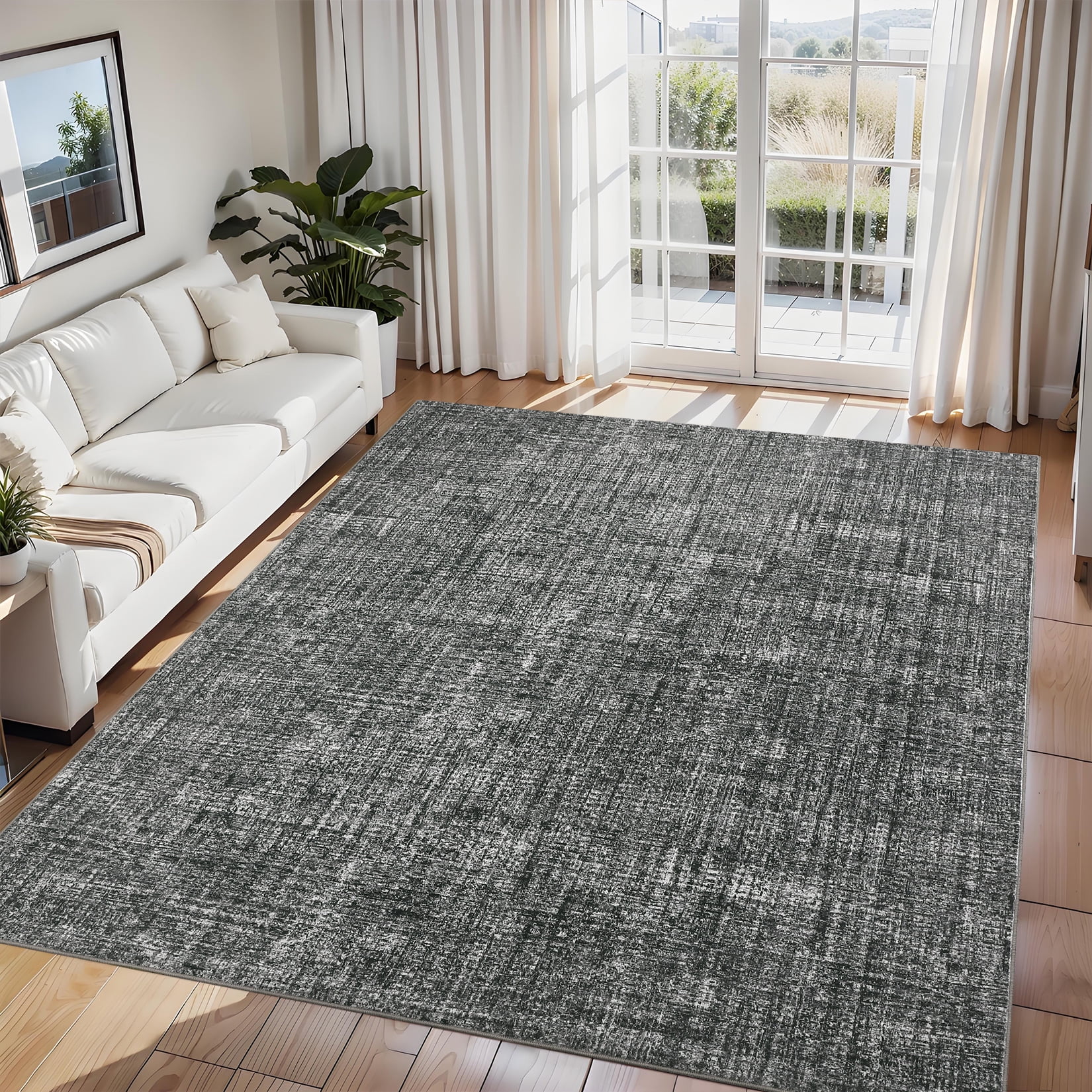 Senfot 8x10 Solid Area Rug Washable Non-Slip Stain Resistant Low Pile Soft Foldable for Living Room Bedroom Office Dark Gray