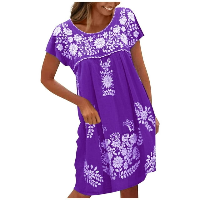 QIPOPIQ Robe Maxi pour Femme Plage Élégante à Manches Courtes Tendance Décontractée Robes Aguichant d'Été Robe à Volants Imprimé Floral Chandail à Enfiler Robe à Col Rond Offres 2023