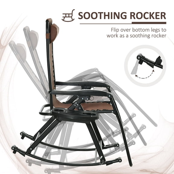Patio Furniture Outsunny Set of 2 Outdoor Rocking Chairs, Foldable Reclining Zero Gravity Lounge Rocker with Pillow, Cup & Phone Holder, Combo Design with Folding Legs, Brown,Patio Chairs