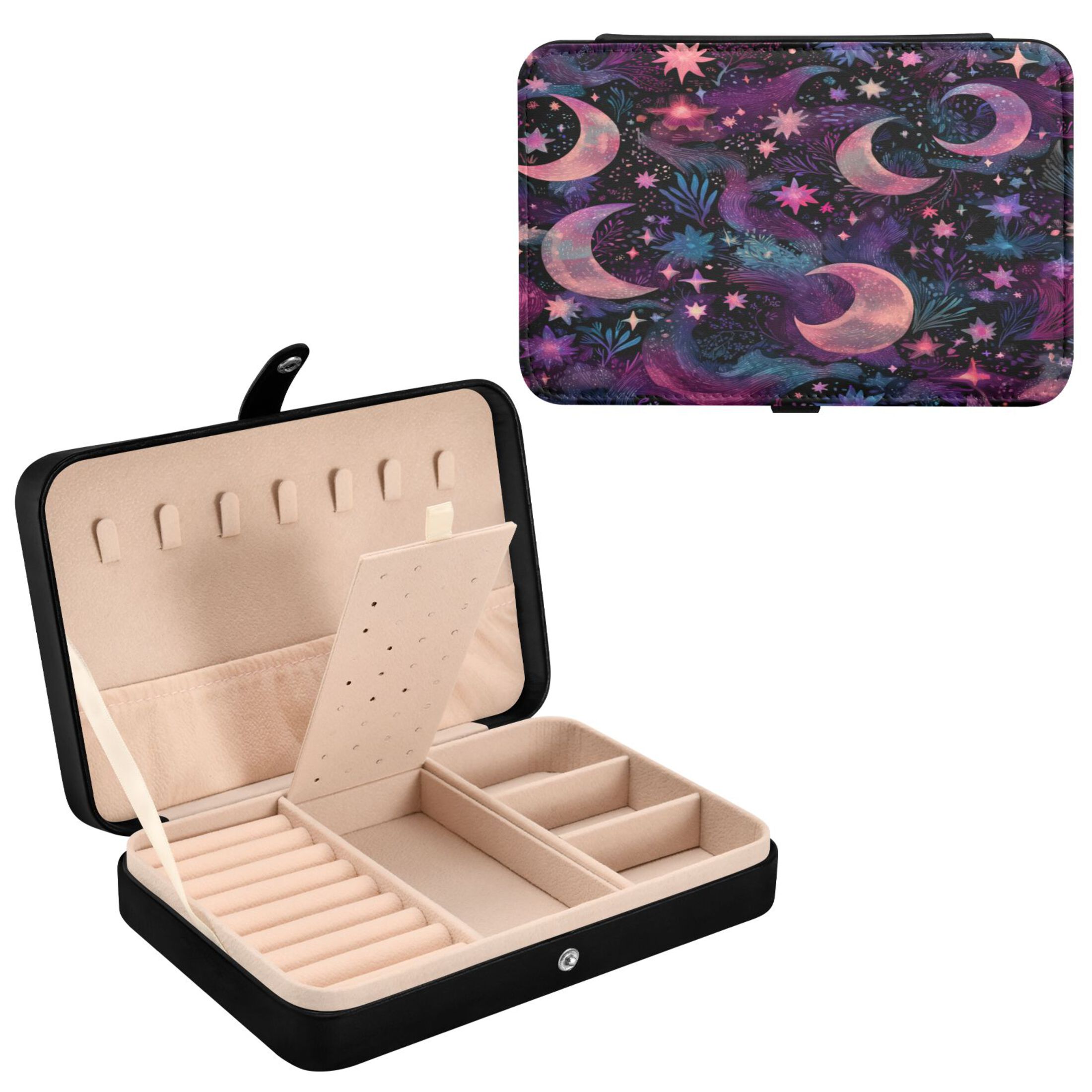 Leather Jewelry Box Rectangular 8.27x5.5x1.78In Travel Jewelry Storage Earrings Necklace Bracelet Watch Brooch Storage Purple Moon