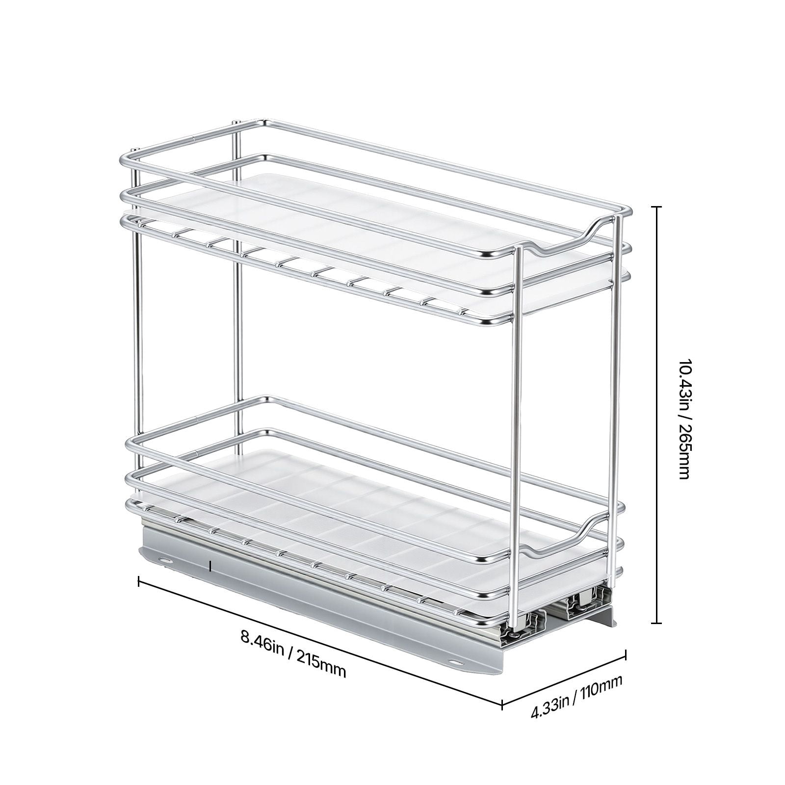 Pull Out Spice Rack Organizer for Cabinet, 2 Tier Slide Out Spice Rack Organizer, Heavy Duty Metal Seasoning Kitchen Basket for Inside Cabinets & Pantry Closet, 4.33"W x 8.46"D x 10.43"H, Silver