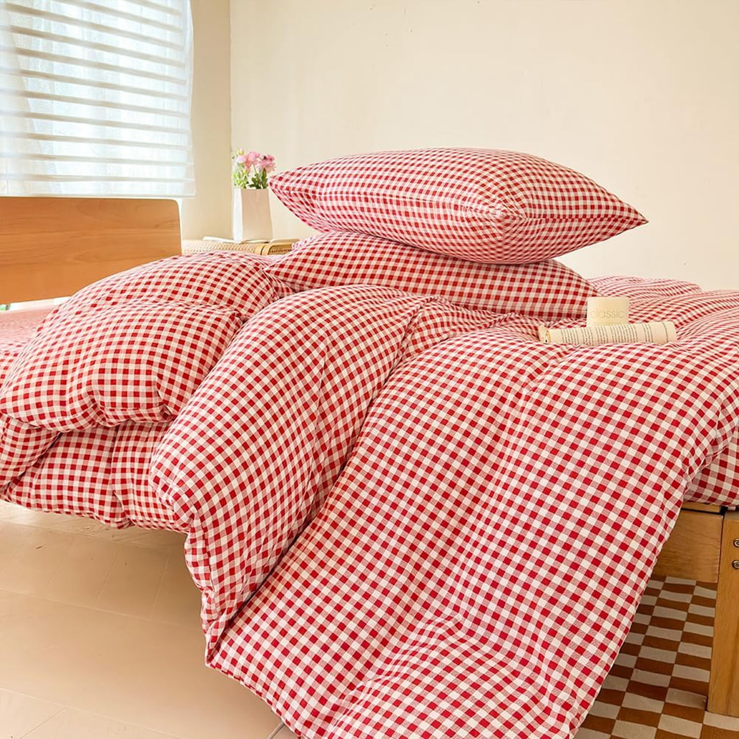 Red Gingham Twin Duvet Cover Set, Red Plaid Comforter Cover Set, 2 Pieces Checked Bedding Set (Red Gingham, Twin)