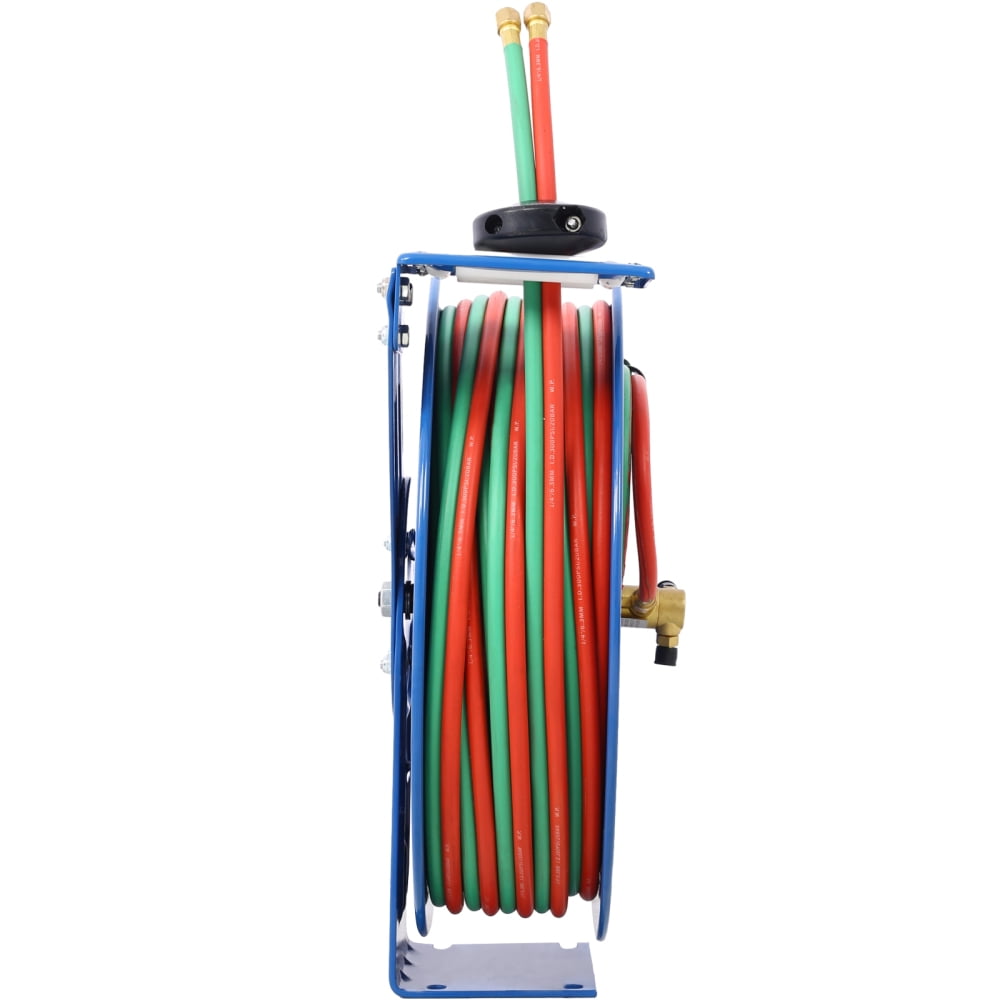 Blue Retractable Welding Hose Reel 1/4 Inch x 100 Ft Twin Oxygen Acetylene Rubber Hoses 200PSI Heavy‑Duty Industrial Single Arm Construction