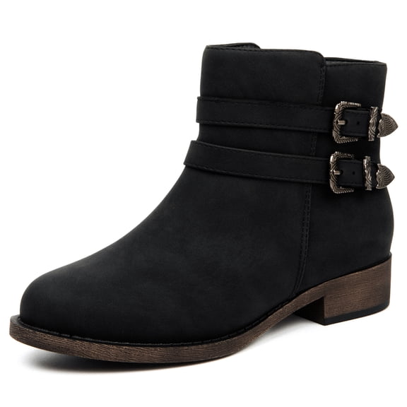 Ataiwee Women's Western Ankle Boots, Low Heel Dual Buckle Booties, Side Zipper Non-Slip Sole Casual Boots for Fall Winter Daily Wear.