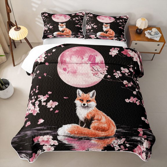 Erosebridal Gold Fox Moon Twin Quilt Set for Girls, Japanese Cherry Blossom Twin Coverlet Set, 2-Piece