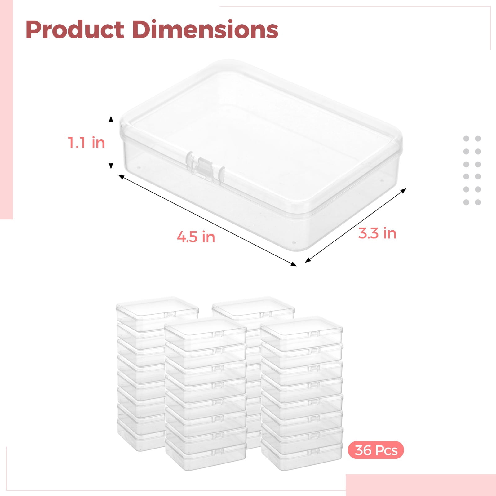 36 Pcs Plastic Bead Storage Containers, 4.5x3.3x1.1" Small Storage Boxes, Clear Rectangle Containers with Hinged Lids, Mini Organizer Cases for Jewelry, Crafts, Small Items, Parts