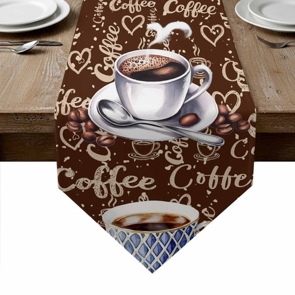 Brown Coffee Farmhouse Table Runner Linen Burlap Table Runner 48 Inches Long Coffee Cup Bean Sugar Retro Dresser Scarves for Kitchen Island Coffee Dining Room Party Wedding Holiday Decoration 13"x48"