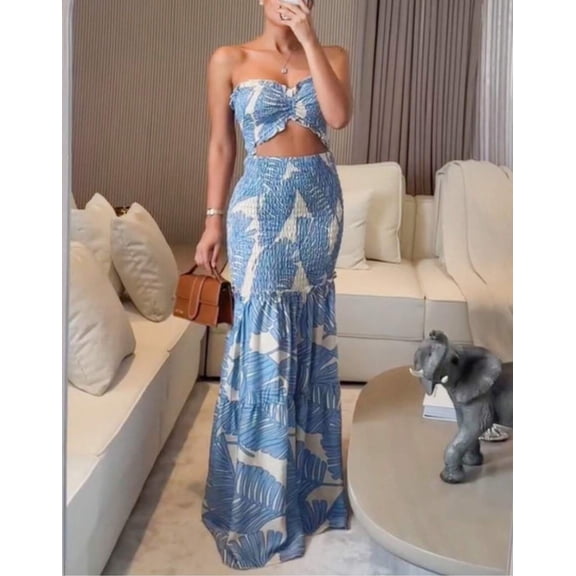 Blue Leaf Print Strapless Twist Front Cutout Smocked Maxi Dress