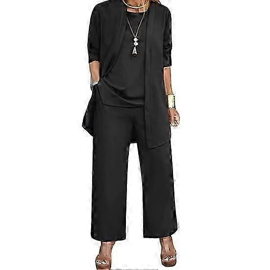 3 Pcs/Set Women Coat Vest Pants Set Long Sleeve Cardigan O Neck Sleeveless
