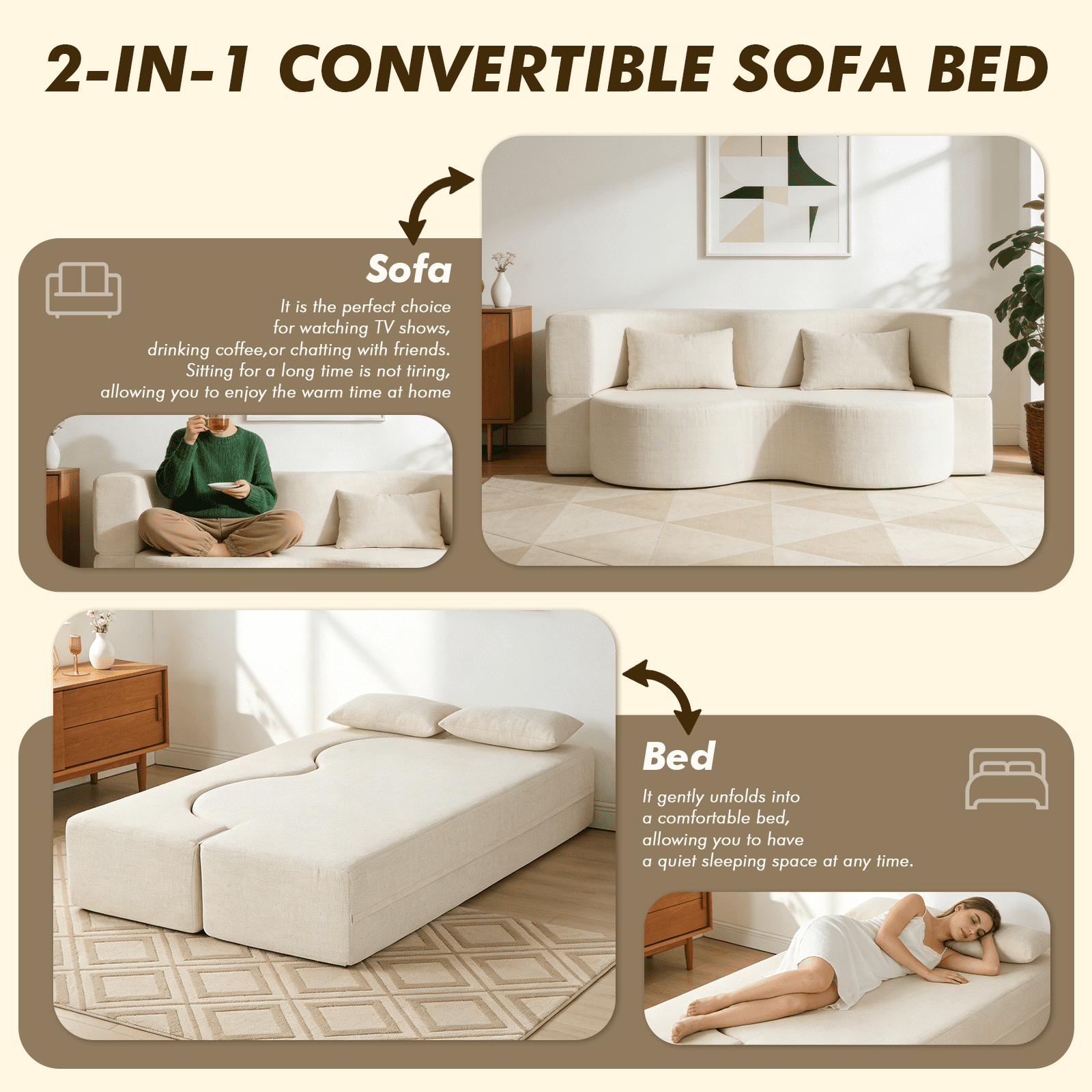 MOONMISS 75'' Folding Boneless Couch, 2-in-1 Sleeper Sofa Bed with Memory Foam, Foldable Sofa with 2 Pillows Living Room, Apartment No Assembly,Beige