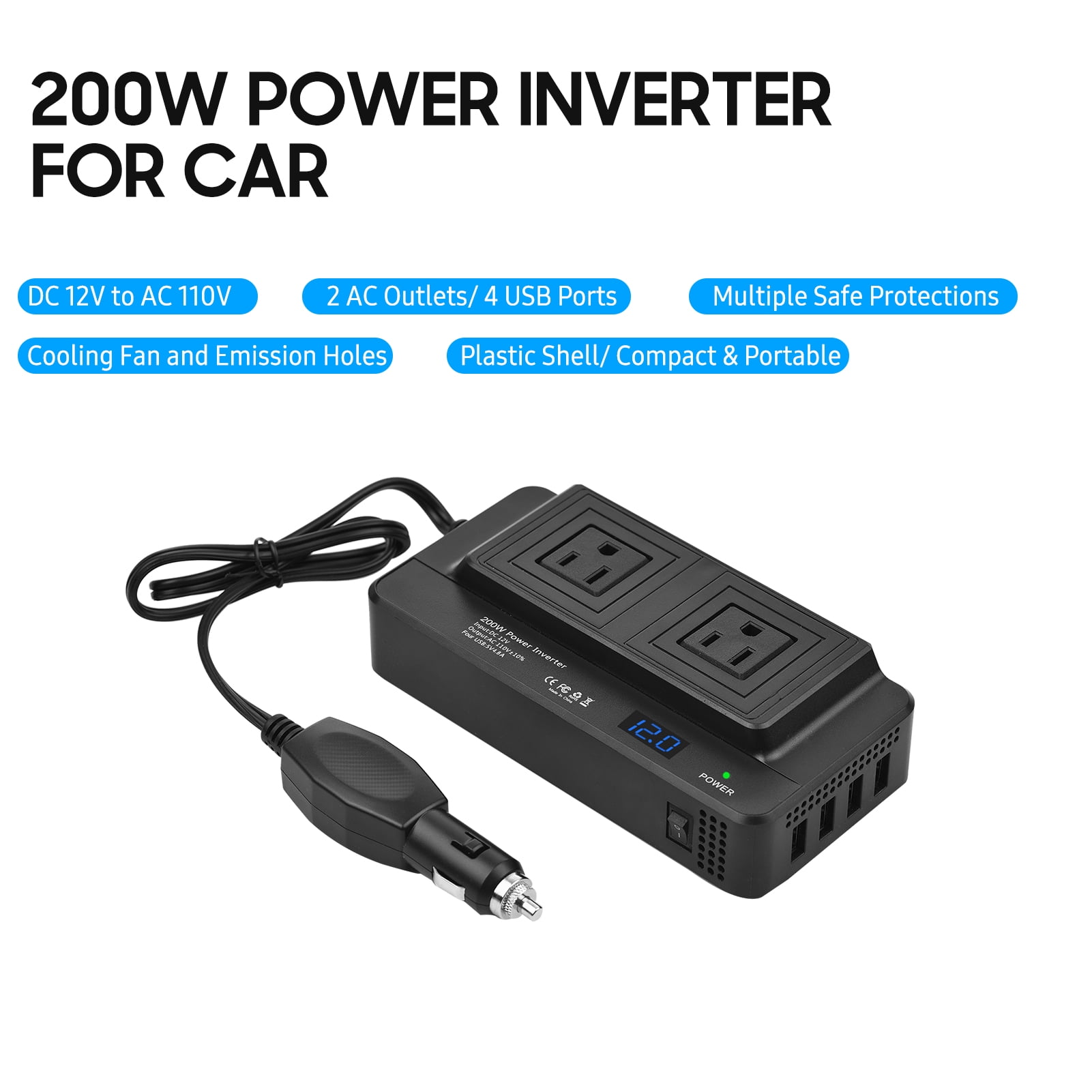 200W Ultra-Compact Car Inverter, 2 Outlet, 2 USB Ports