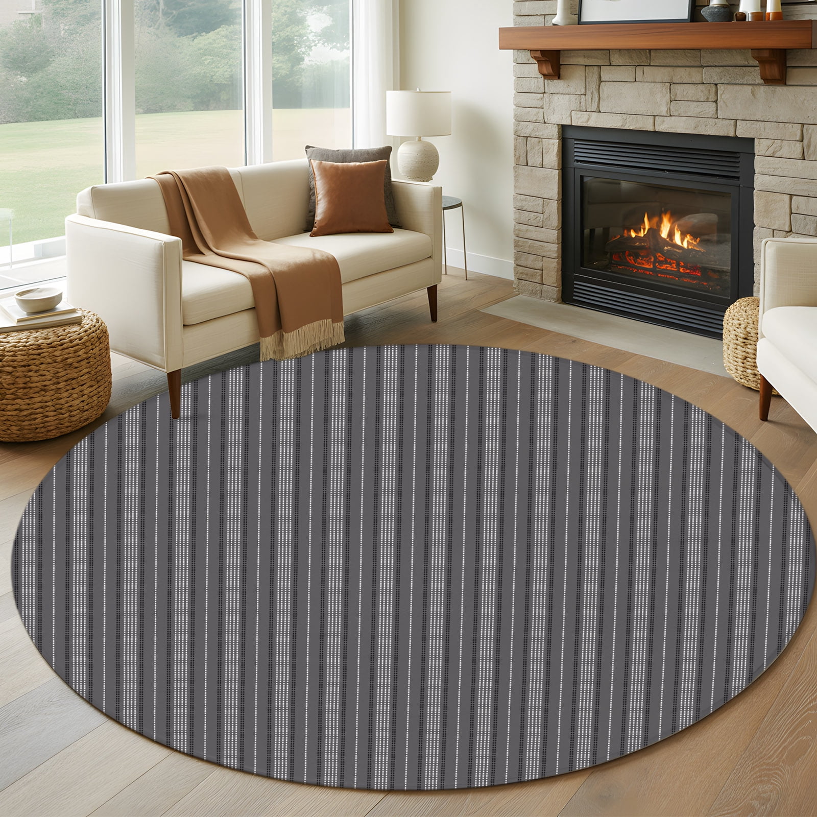 Dark Grey Line Striped Round Rug 7ft Washable Circle Rugs Non Slip