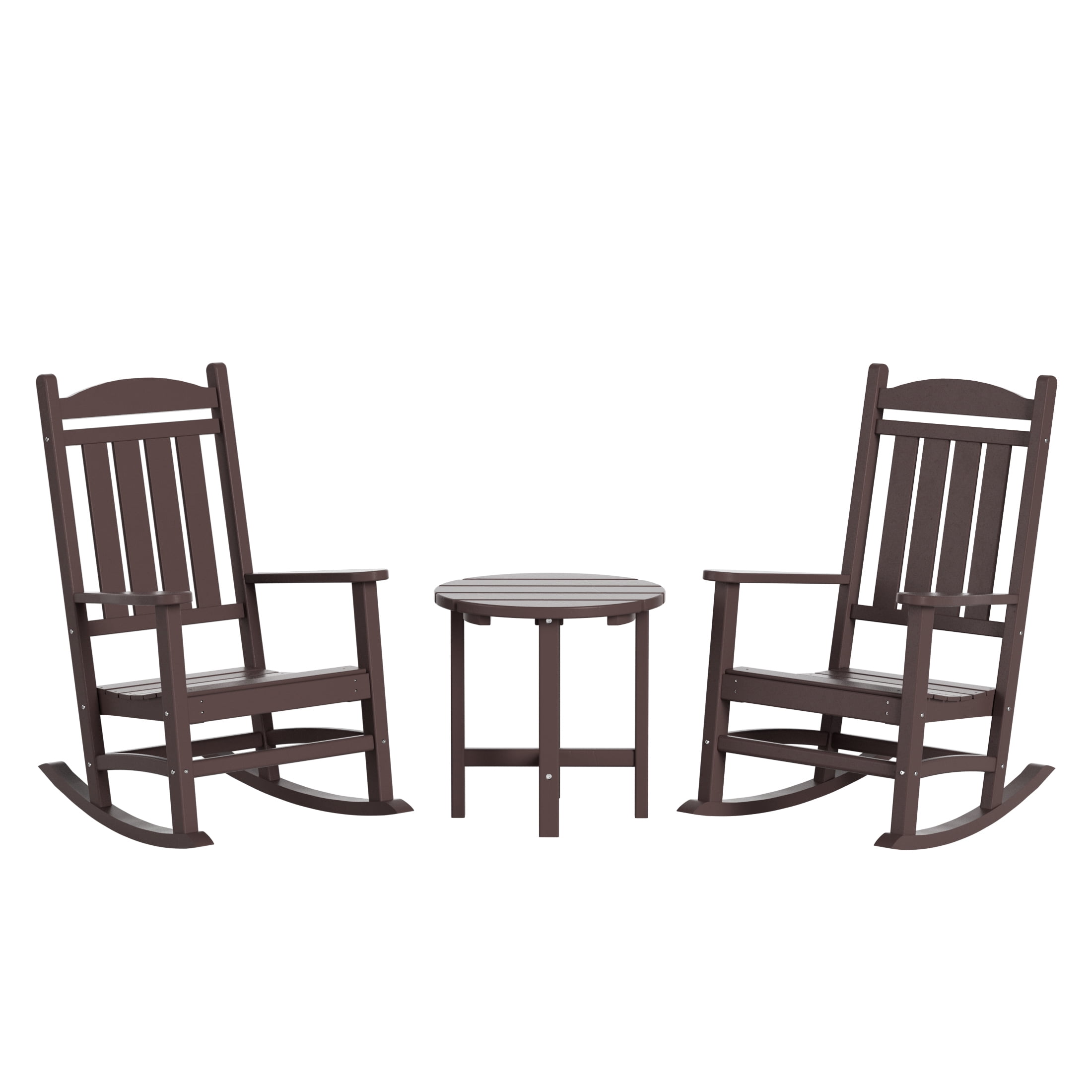 Garden 3-Piece Set Classic Plastic Adirondack Porch Rocking Chair with Round Side Table Included, Dark Brown