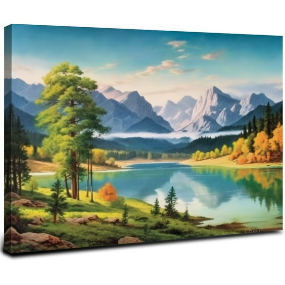 ONETECH Nature Mountain Canvas Wall Art National Park Painting Lake Landscape Picture, Panoramic Artwork Framed Large Size for Home Office Living Room Bedroom 20x16inch