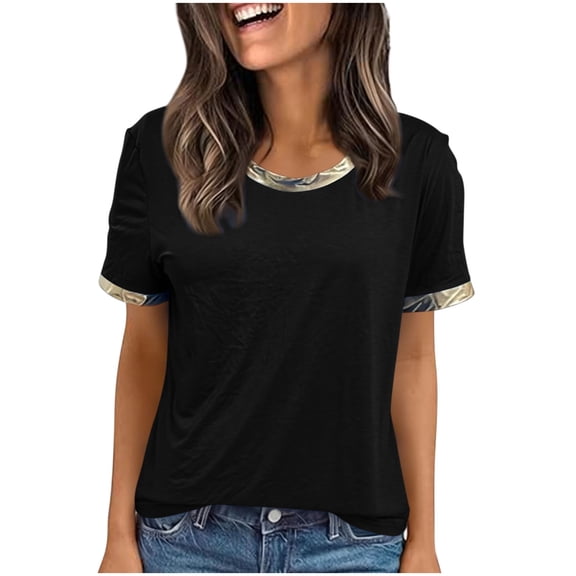 cocolona Summer Tops for Women Crew Neck Short Sleeve Patchwork T-Shirts Base Tees Casual Trendy Blouses