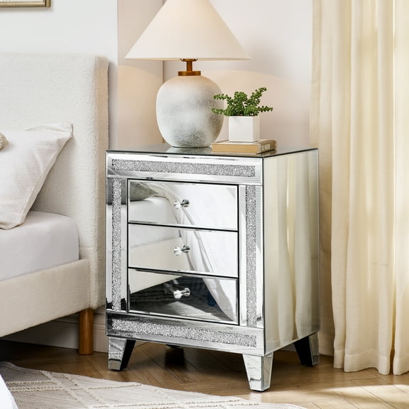 Silver Mirrored 3 Drawers Nightstand, Crushed Diamond Decor Bed side Table End Table