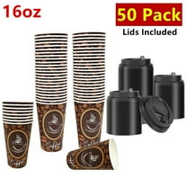 50 Pack 16oz Disposable Paper Coffee Cups with Lids, Perfect For Tea & Hot Drinks (Coffee Bean Design)