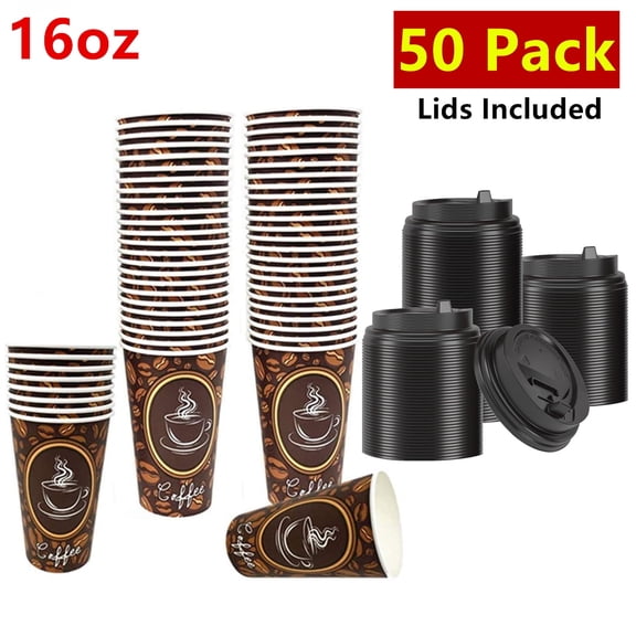 50 Pack 16oz Disposable Paper Coffee Cups with Lids, Perfect For Tea & Hot Drinks (Coffee Bean Design)