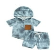 thumbnail image 1 of 2 Pcs Infant Pants Set  Boys Contrast Color Short Sleeve Hooded Pullover + Drawstring Shorts, 1 of 7