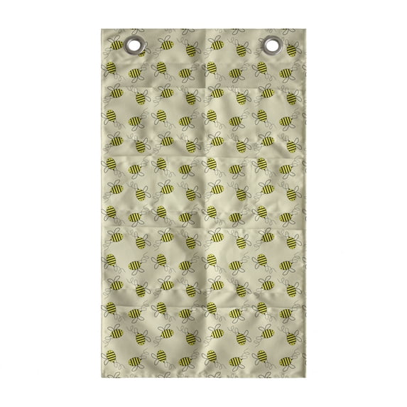 Bee Hanging Pocket Organizer, Continuous Flying Insects Spring Nature Print on Pastel Background, Printed Polyester Storage Bag with Pockets, 21" x 31", Eggshell Yellow